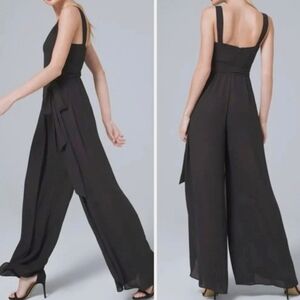 WHBM Elegant Black Jumpsuit wSheer Split Skirt Overlay Extra Long Wrap Belt Sz:8